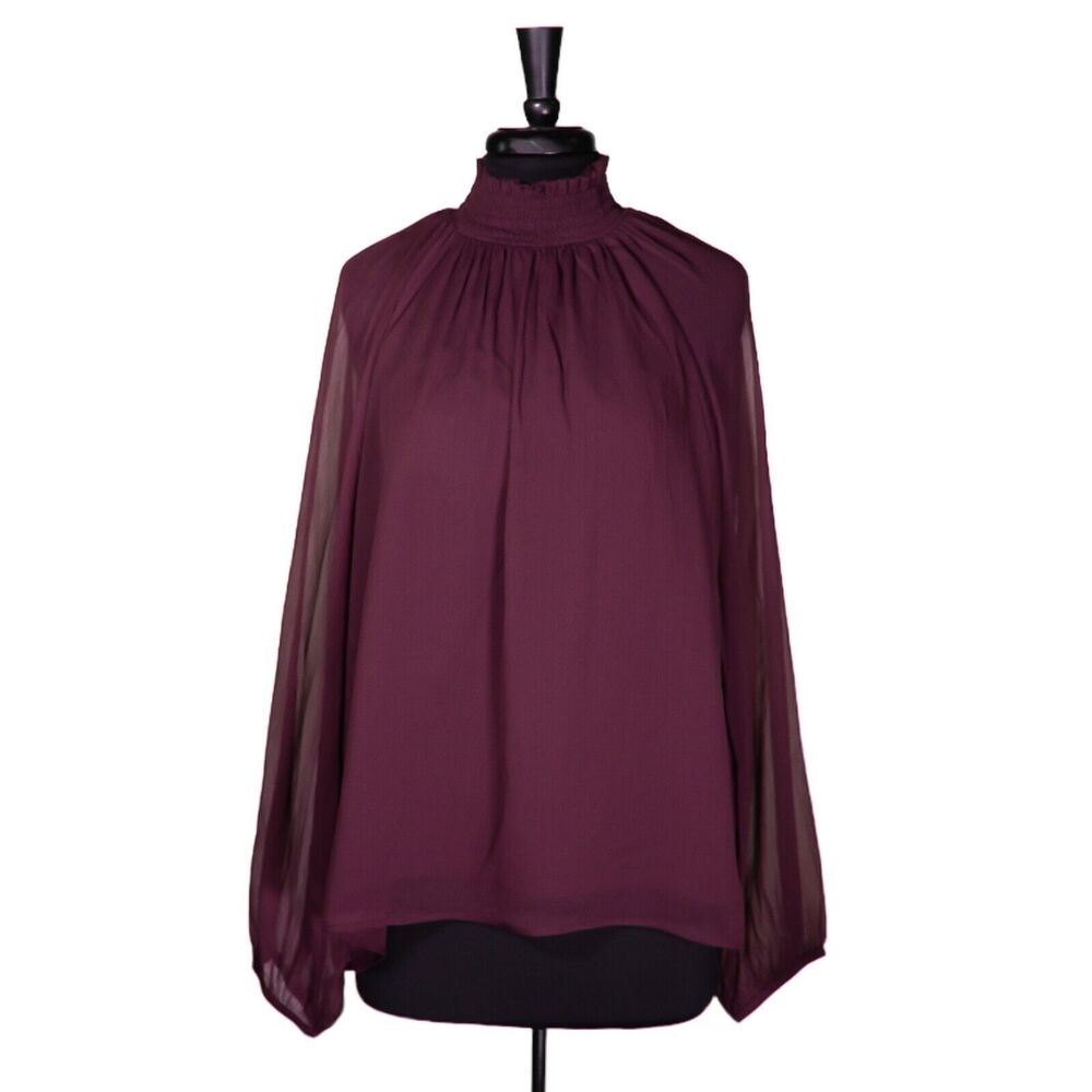 Joie Women's Blouse Burgundy Sheer Puff Sleeve Turtleneck Romantic Top XL NWT